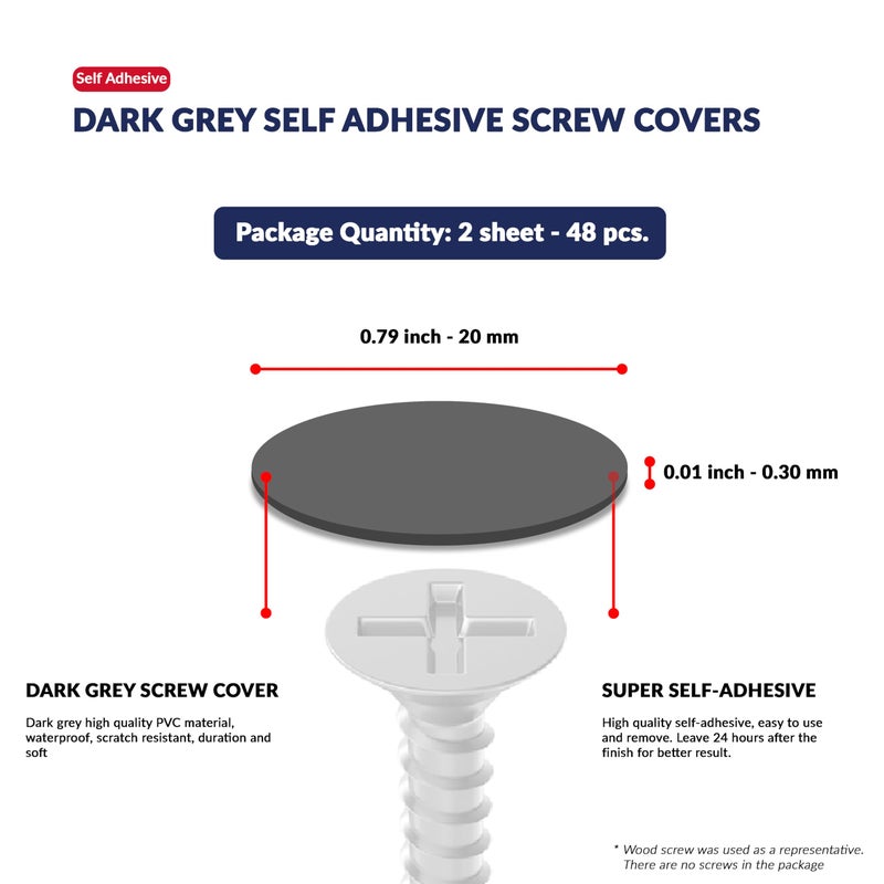 UNMAR Dark Grey Self-Adhesive Screw Hole Stickers - 48 pcs. 0.79 inch / 20 mm Peel Stick Dust Proof Tape, Water Resistance PVC Caps for Wood Cabinets, Furniture, Drawer, Wardrobe, Kitchen, Table - Image 2